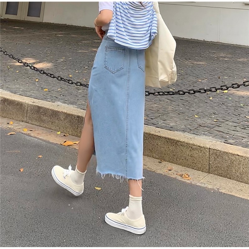 (Order)(Có ảnh thật) Đầm denim bò váy bò dài cạp cao xẻ tà bên hông | BigBuy360 - bigbuy360.vn