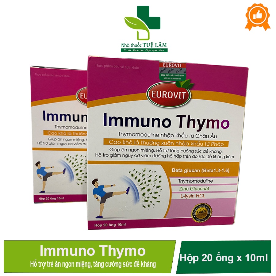 Immuno Thymo EUROVIT hộp 20 ống x 10ml hỗ trợ bé ăn ngon miệng, tăng sức đề kháng, giảm nguy cơ viêm đường hô hấp