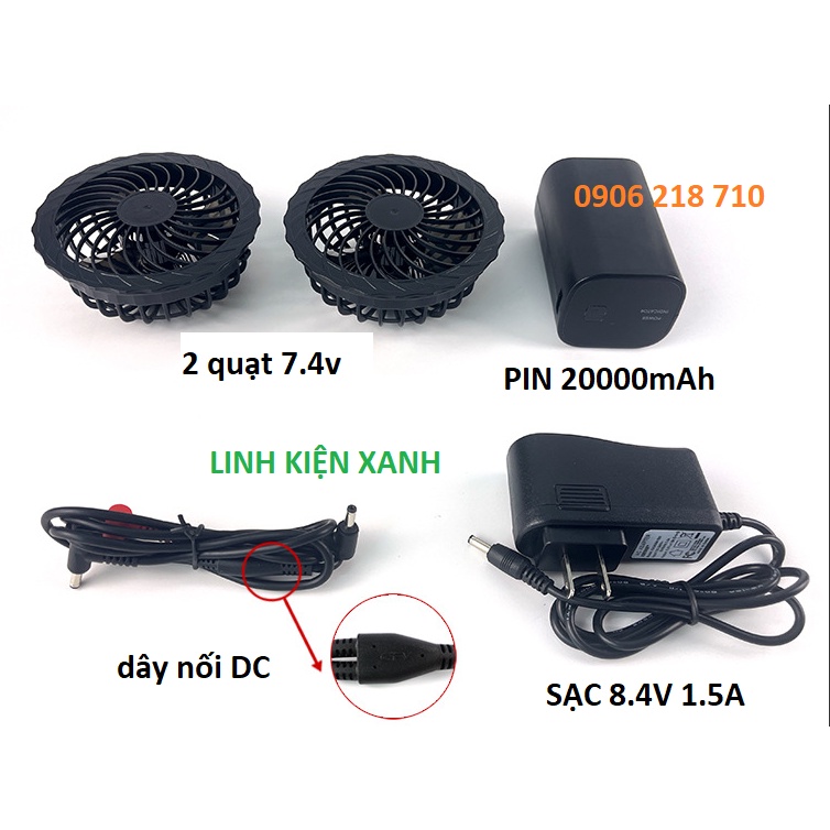 Bộ phụ kiện áo điều hòa đầy đủ Pin 12V dung lượng khủng 20000mAh + 2 quạt không chổi than 12V