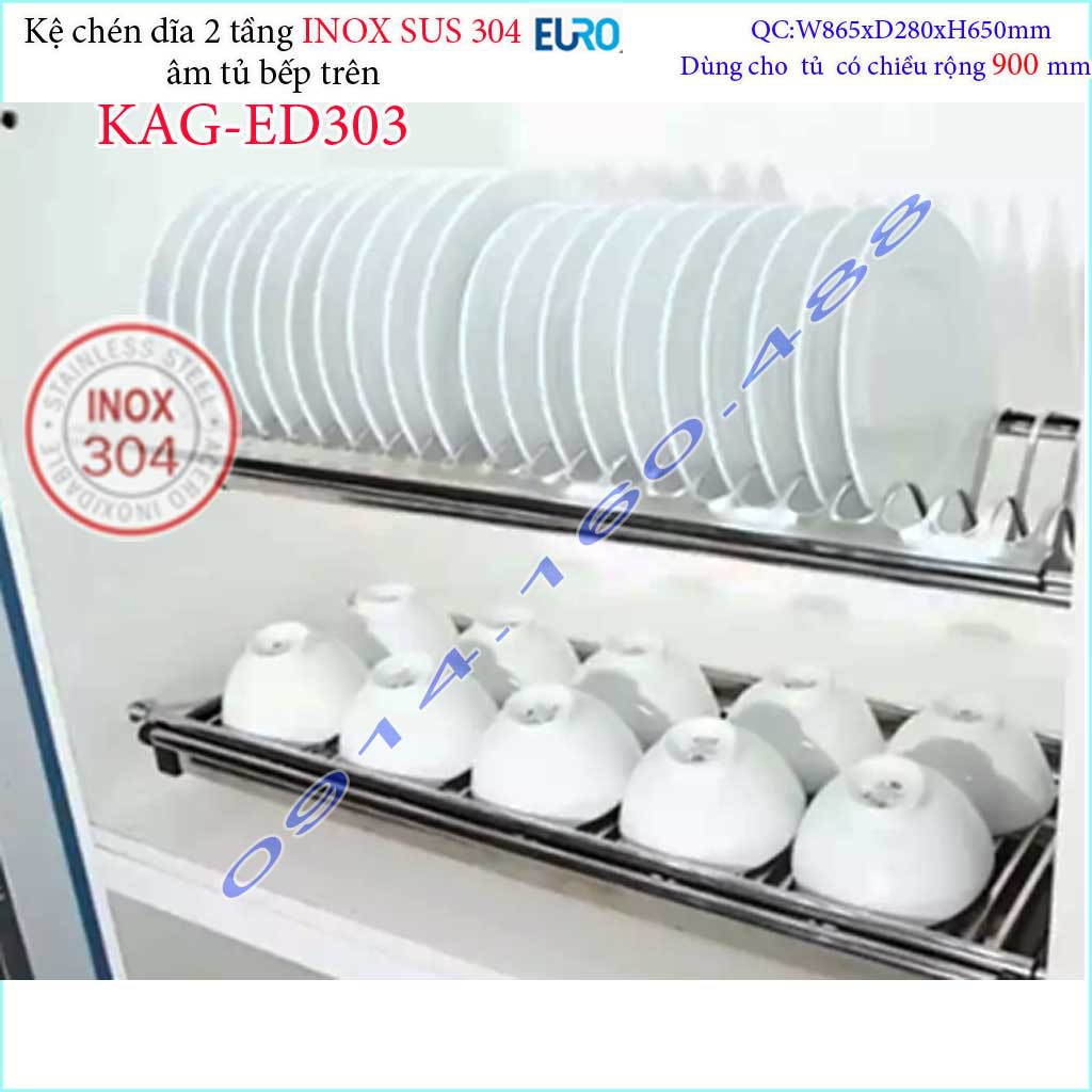 Kệ  đựng chén dĩa âm tủ  Inox 304 KAG-ED303-90cm, Kệ chén bát 2 tầng chữ V EURO, kệ âm tủ trên