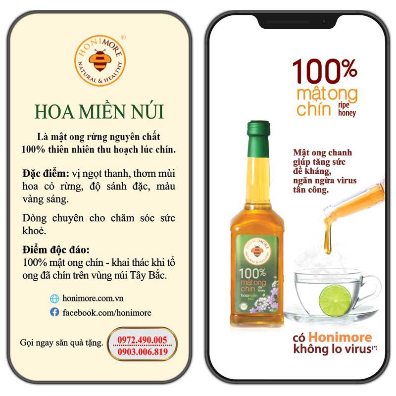 Mật ong nguyên chất Hoa Miền Núi Honimore 630g - 100% mật ong rừng tăng sức đề kháng, làm đẹp da, tốt cho dạ dày