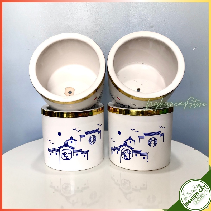 Chậu gốm họa tiết, bo miệng viền vàng trồng cây cảnh để bàn, xương rồng, sen đá