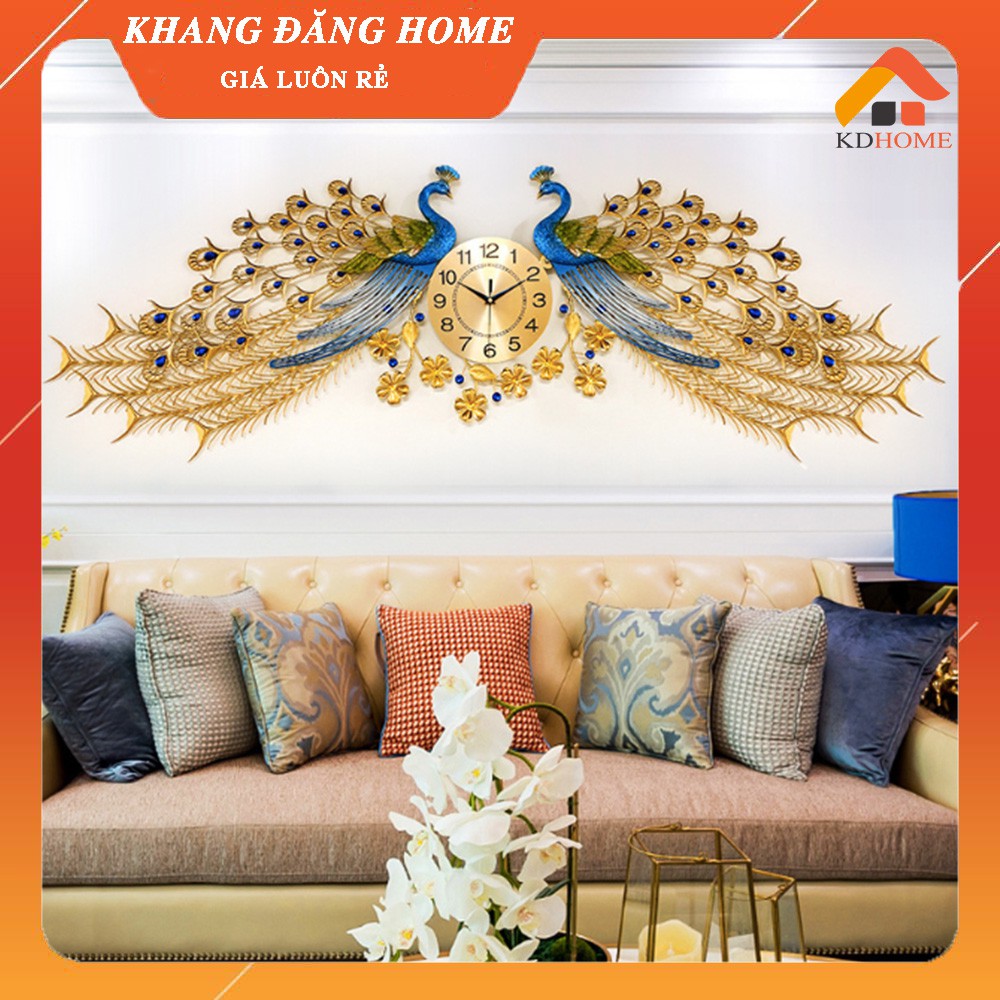 Đồng hồ treo tường trang trí hai con chim công khổng tước KD686 trang trí phòng khách đẹp