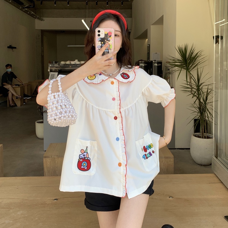 Áo Sơ Mi Tay Ngắn Cổ Búp Bê Thêu Họa Tiết Phong Cách Hàn Quốc Thời Trang Cho Nữ