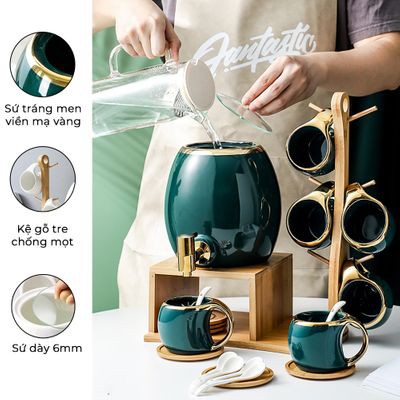Bộ ấm chum cốc sứ Xanh viền vàng kèm khay gỗ treo phong cách Bắc Âu 20 món -Có Sẵn