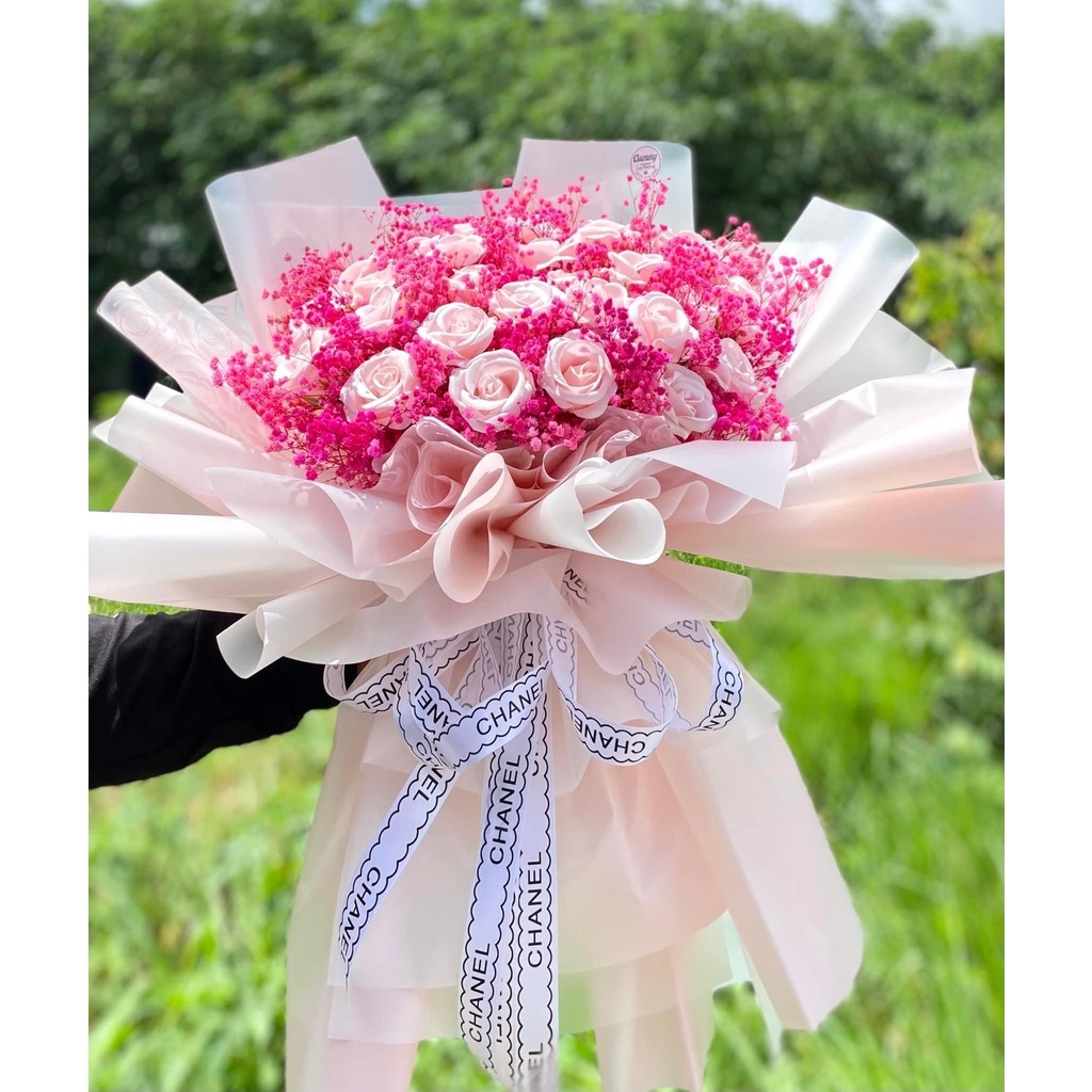 Bó hoa sáp kết hợp baby hồng tông màu nhẹ nhàng xinh xắn