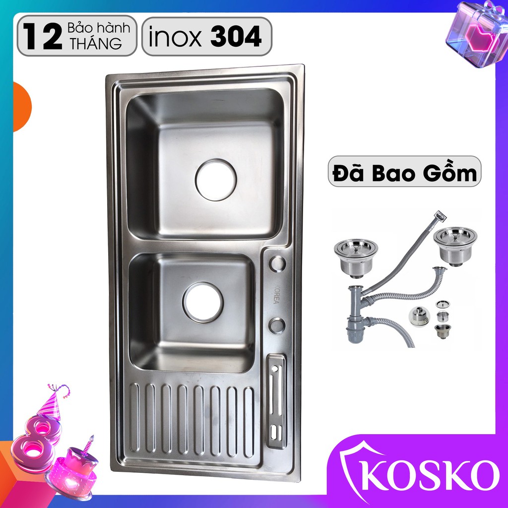 Chậu rửa bát inox 304 kích thước 10x46cm loại đa năng 2 Hố 1 Bàn đã gồm bộ ống xả - Bảo Hành 12 tháng