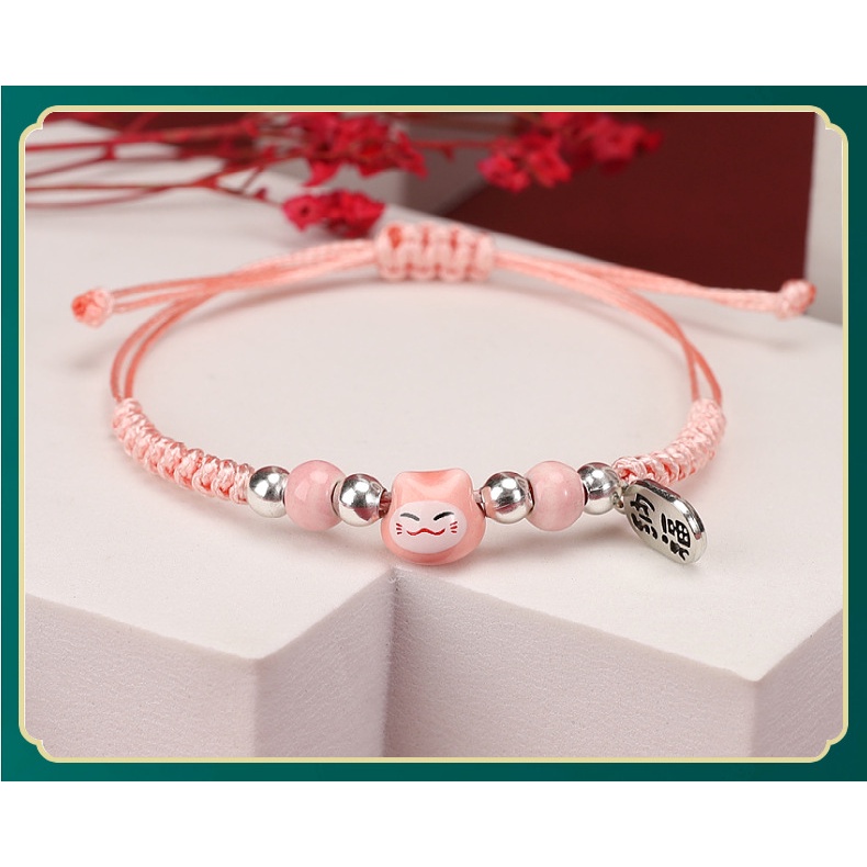 Vòng Tay EBI Gốm Tráng Men Mèo Nhỏ May Mắn Chiêu Tài Maneki Neko Dây Rút