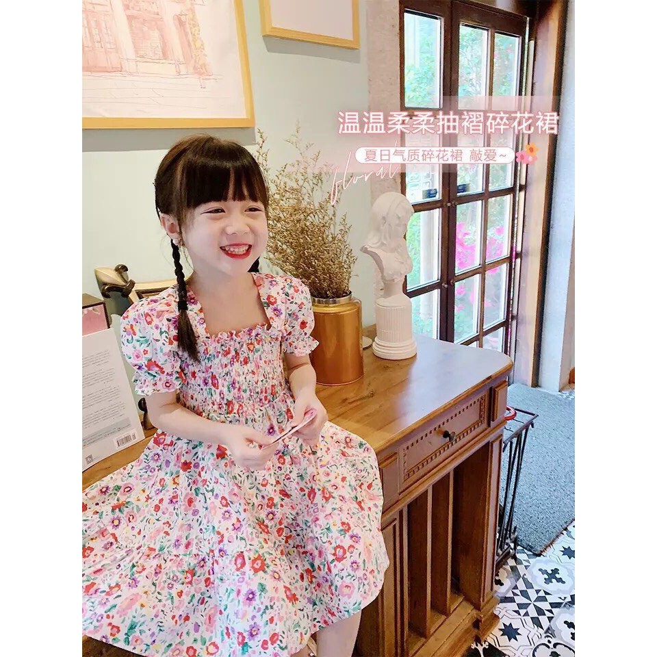 Váy Hoa Nhí Bé Gái Chun Ngực Nơ Lưng Dáng Xòe Cực Điệu Đà Size 10-23Kg Unchi Store (V366)