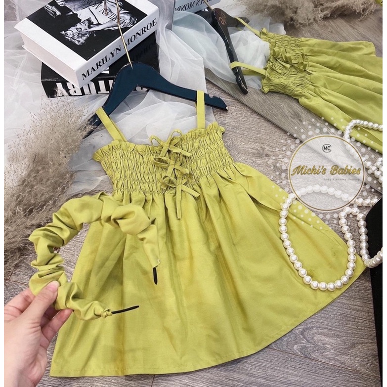 Váy maxi 2 dây kèm bờm phối chun ngực cột nơ siêu xinh cho bé, váy maxi đi biển cho mẹ và bé (Mi1)