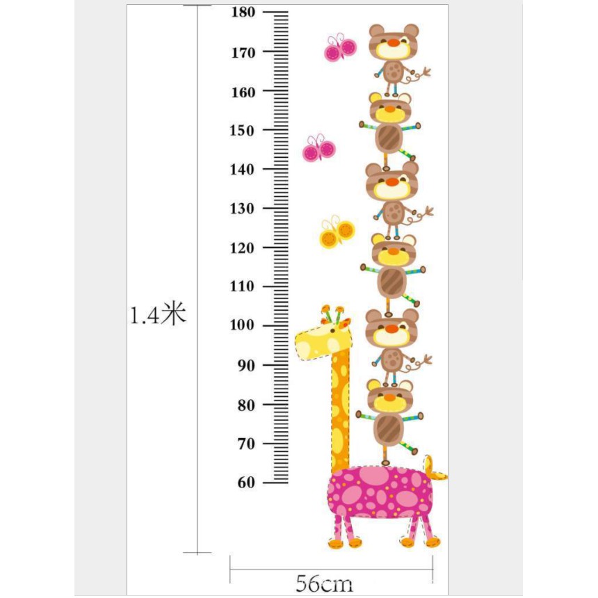 Decal dán tường thước đo hươc cao cổ và chú mèo hoạt hình