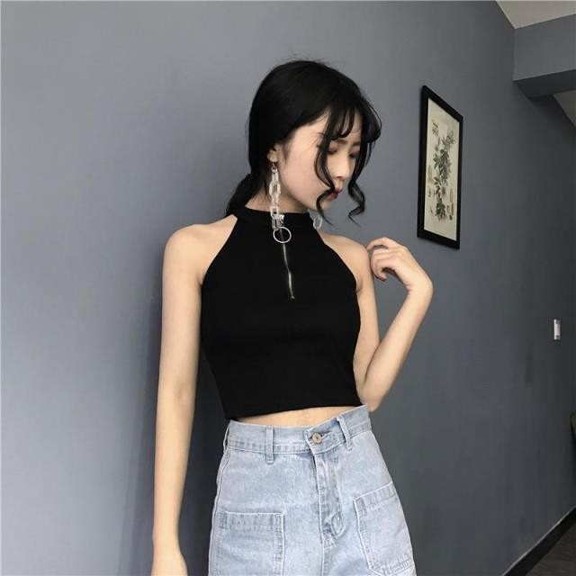 Áo Croptop Sát Nách Phối Khoá Kéo Màu Trắng Đen Thiết Kế Trễ Vai Quyến Rũ