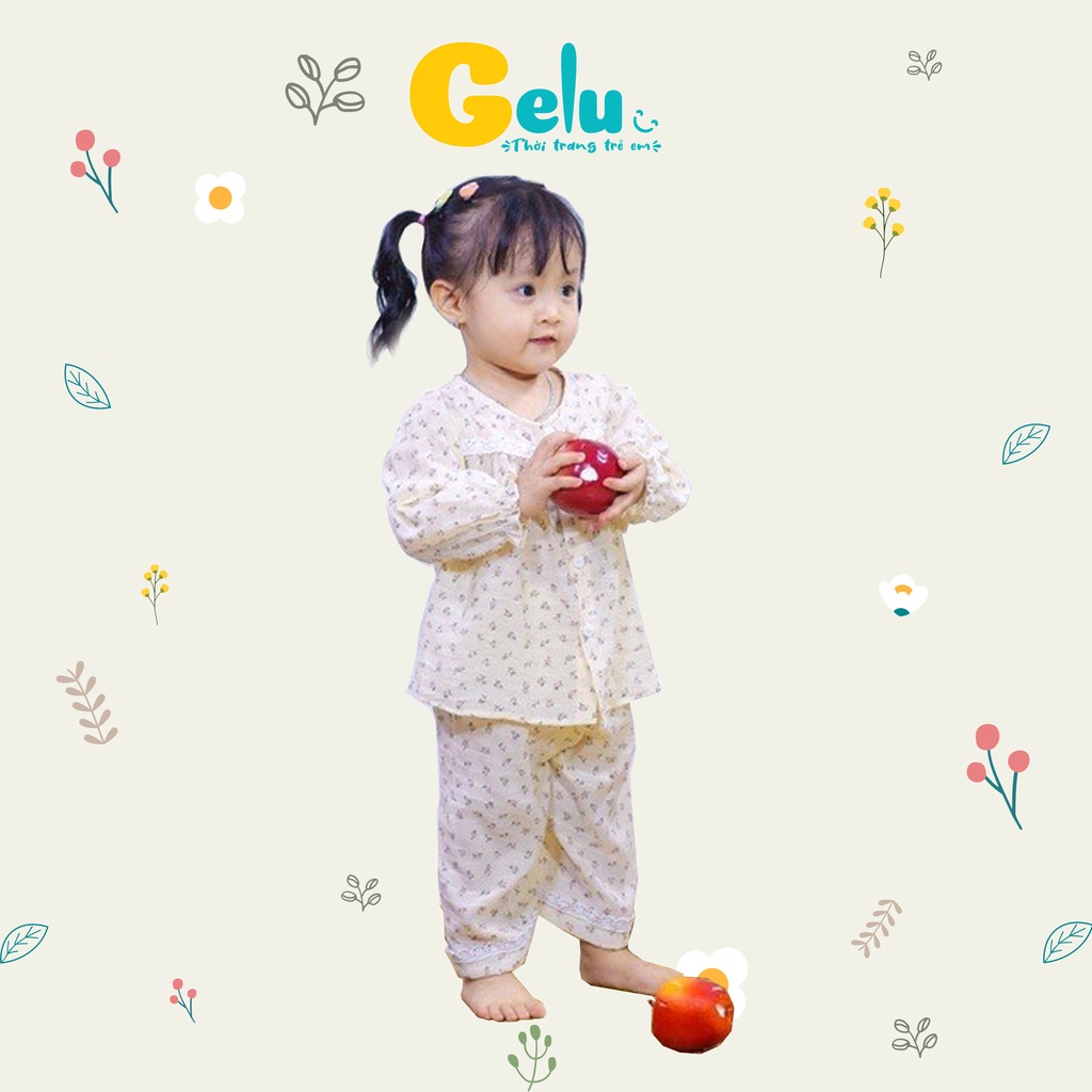 Bộ thu đông cho bé Gelu Kids, đồ ngủ mùa thu hoa nhí chất linen cổ viền ren cho bé gái-GLB003