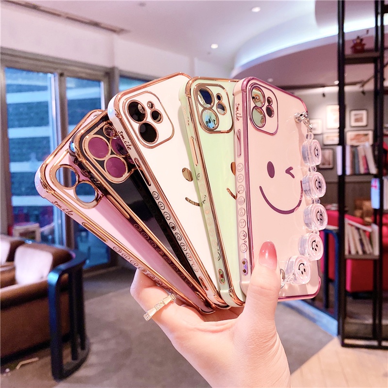 Ốp Điện Thoại Dẻo In Hình Mặt Cười Mạ Sang Trọng Có Dây Đeo Tay Cho iPhone 13 11 Pro 12 Mini 7 8 Plus X XR XS Max SE2