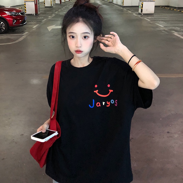 Áo Thun Tay Ngắn Dáng Rộng In Hình Mặt Cười Phong Cách Hàn Quốc Thời Trang Mùa Hè Mới Cho Nữ Size 3xl