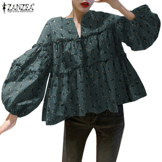 Áo kiểu ZANZEA tay phồng cổ V viền nhún bèo họa tiết hoa thời trang vintage cho nữ