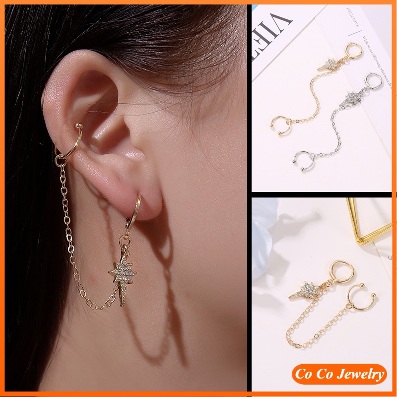 Khuyên tai kẹp mặt hình ngôi sao đính đá cubic zircon nhân tạo thời trang Hàn Quốc dễ thương cho nữ