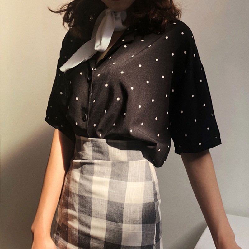 [Baywellfashion]Áo kiểu vải voan tay ngắn hoạ tiết chấm bi thanh lịch dành cho nữ | BigBuy360 - bigbuy360.vn