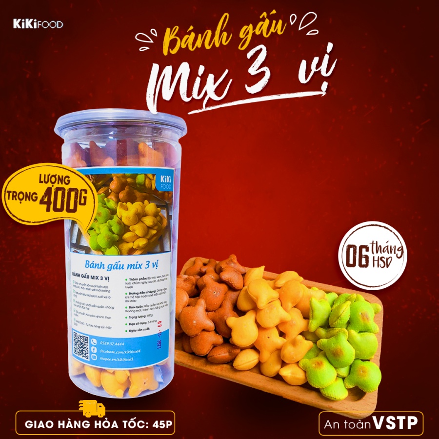 Bánh gấu mix 3 vị nhân kem, socola, chùm ngây 400G KIKIFOOD, đồ ăn vặt Việt Nam an toàn vệ sinh thực phẩm