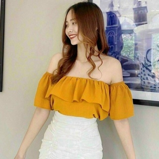 Áo kiểu nữ bẹt vai bèo hai tầng dáng croptop