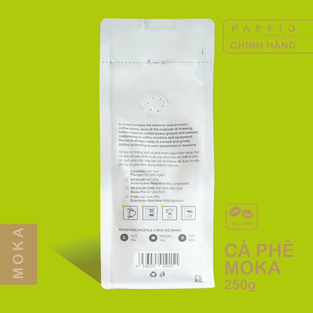 Cà phê Moka dạng Hạt nguyên chất 100% rang mộc - Passio Coffee