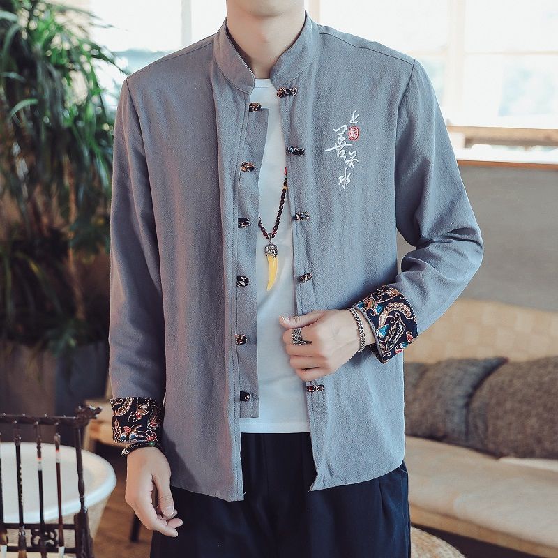 Áo Sơ Mi Cotton Lanh Tay Dài Cổ Đứng Thêu Họa Tiết Phong Cách Trung Hoa Retro Cho Nam