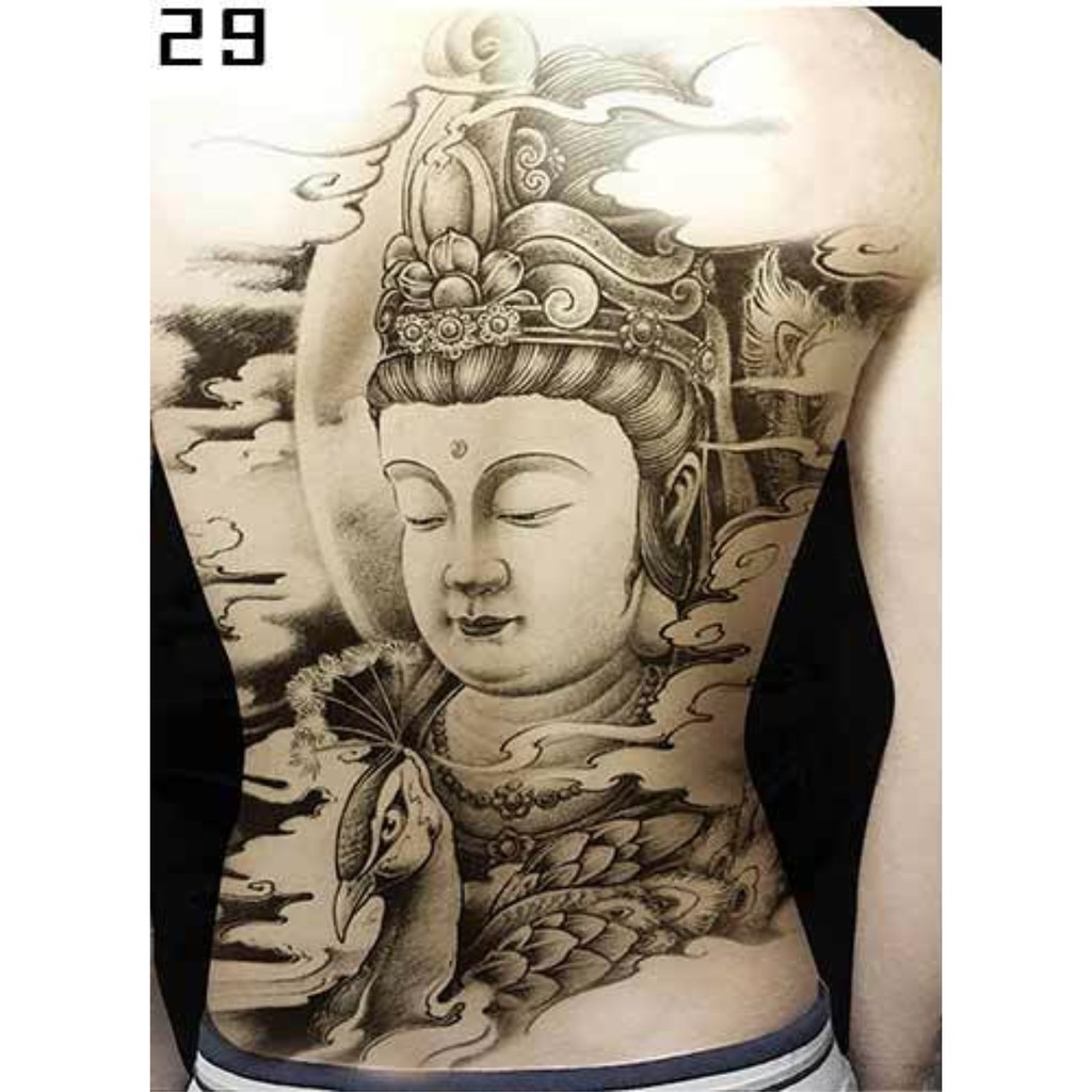 Hình xăm dán kín lưng phật bà trắng đen 34x48cm- tặng bắp tay tattoo 12x19cm