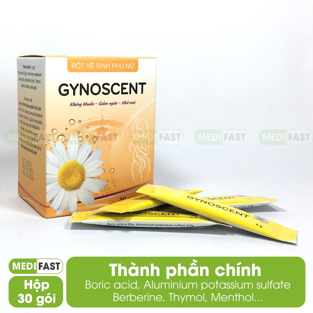 Bột pha vệ sinh phụ nữ Gynoscent của Dược Cát Linh hộp 30 gói, sạch vùng kín, diệt khuẩn, nấm mốc