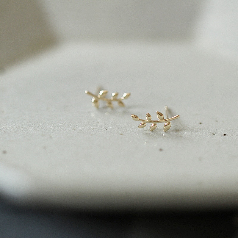 Hoa Tai Vàng 14K Phong Cách Châu Âu Bằng Bạc Thật 925 Dành Cho Nữ, Bông Tai Lá Nhánh Ô Liu Đơn Giản Trang Sức Học Sinh Dễ Thương Ngọt Ngào