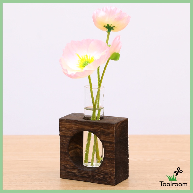 Lọ hoa thủy tinh có bệ đỡ bằng gỗ phong cách nghệ thuật thời trang