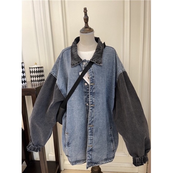 Áo khoác Jean Denim phối tay cổ sơ mi form rộng phong cách Hàn Quốc