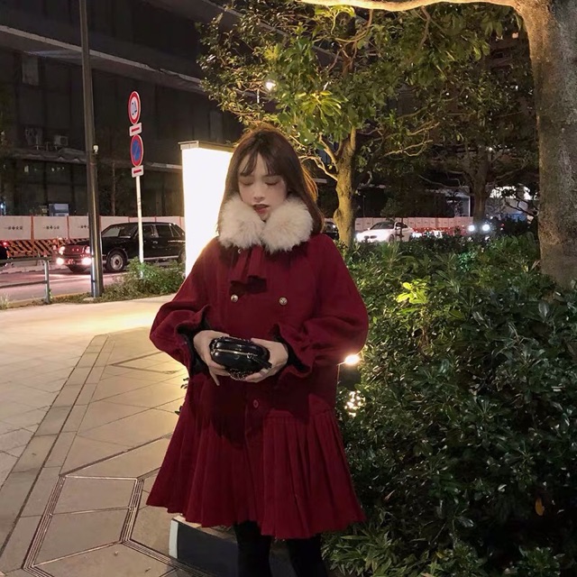 [ORDER+ẢNH THẬT] Áo khoác dạ cổ lông dáng xoè siêu đáng yêu style Hàn Ulzzang 2 màu đen đỏ