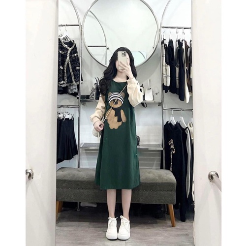 Đầm bầu suông thu đông dáng dài chất liệu cotton váy bầu in họa tiết hình gấu, Váy gấu dài tay cực xinh