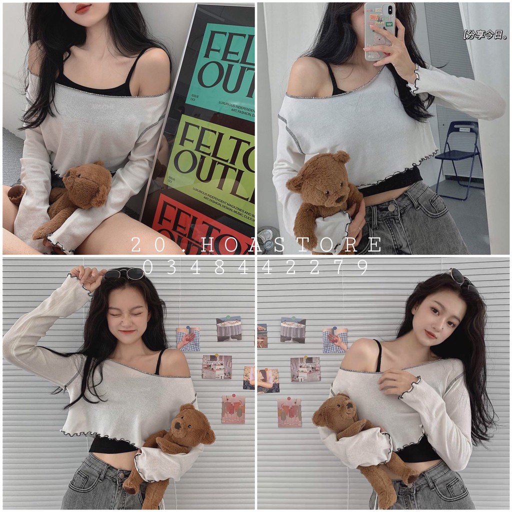 SET ÁO DÀI TAY LEN GIẤY LỆCH VAI KÈM ÁO CROPTOP 2 DÂY - ÁO CROPTOP LỆCH VAI VIỀN BÈO CHỈ + ÁO 2 DÂY ULZZANG