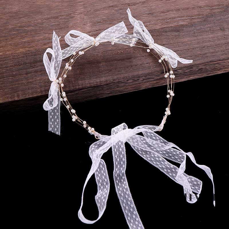 GETNOIVAS Set băng đô + khuyên tai nơ đính ngọc trai giả thanh lịch cho cô dâu