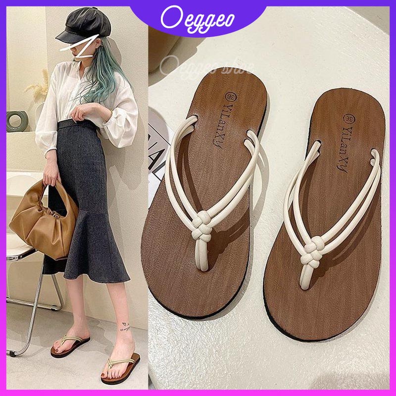 Oeggeo Cửa Hàng Thời Trang Dép Xỏ Ngón Đế Phẳng Đan Lát Đế Phẳng Cho Nữ
