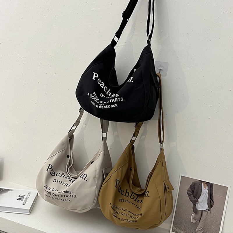 Túi đeo vai Ielgy vải canvas họa tiết chữ cái in phong cách Hàn Quốc trẻ trung cho phái nữ