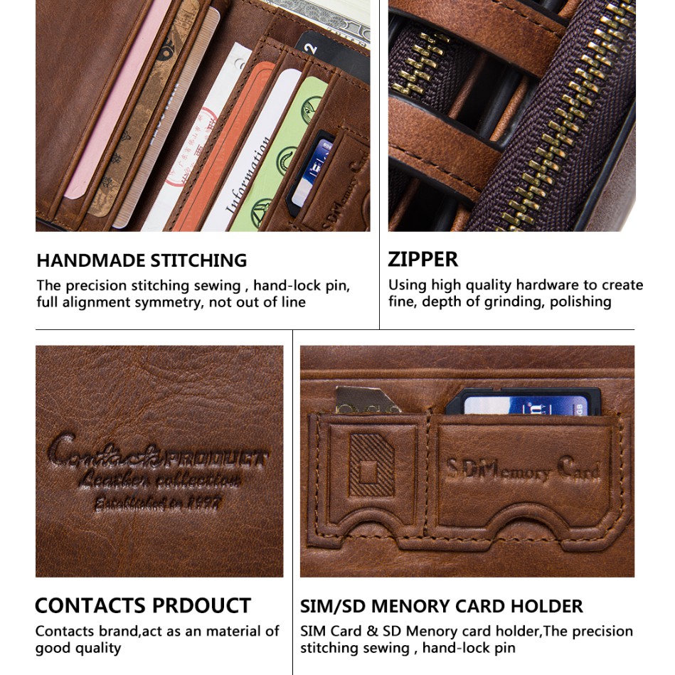 2022 Contac N1238 - Bảo Hành 2 Năm - Bóp Ví Đứng Da Ngựa Điên Men Wallet Genuine Bò - Nam Nữ