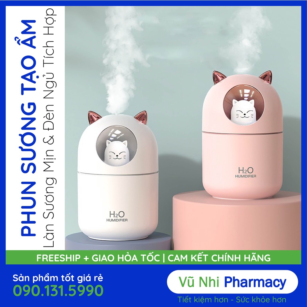 Máy xông tinh dầu phun sương có LED hình mèo 300ml