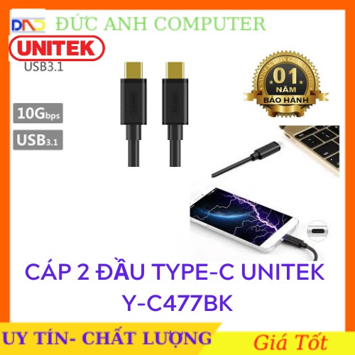 Cáp USB 3.1 USB Type-C 2 Đầu Đực UNITEK Y-C477BK Male To Male- Chính Hãng Phân Phối- Bảo Hành 12 Tháng