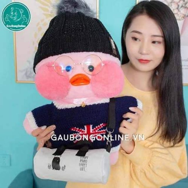 Vịt bông Lalafanfan má hồng siêu kute full phụ kiện áo, mũ, túi, kính kích thước 50cm