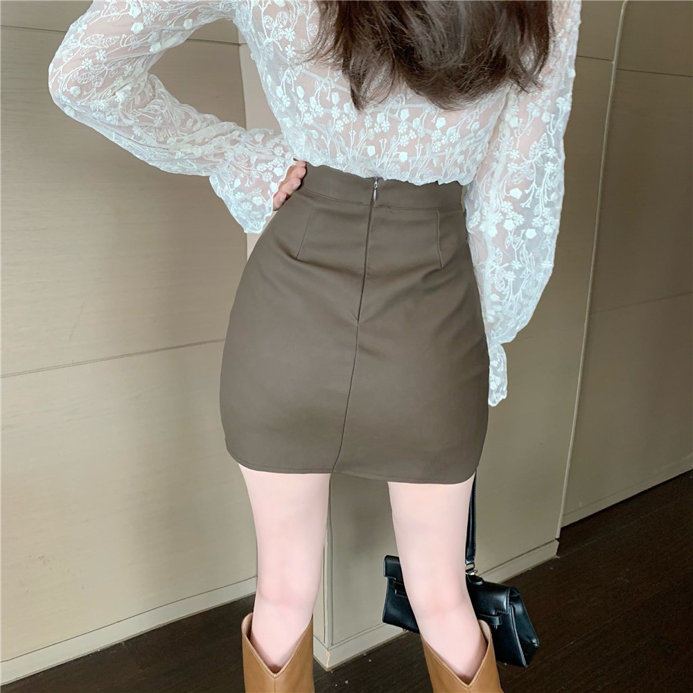 Chân váy da lưng cao màu trơn xẻ tà phong cách quyến rũ | BigBuy360 - bigbuy360.vn