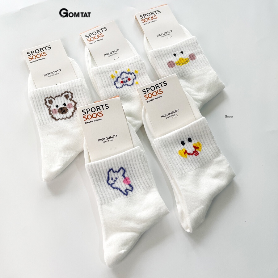 Set 5 đôi tất vớ nữ cổ trung GOMTAT họa tiết dễ thương, chất liệu cotton cao cấp thoáng khí - LISU12-LUNG-HINHTHU