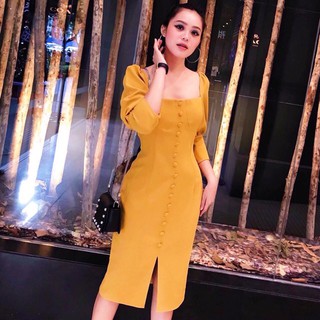 Đầm Váy vàng cam nút bọc