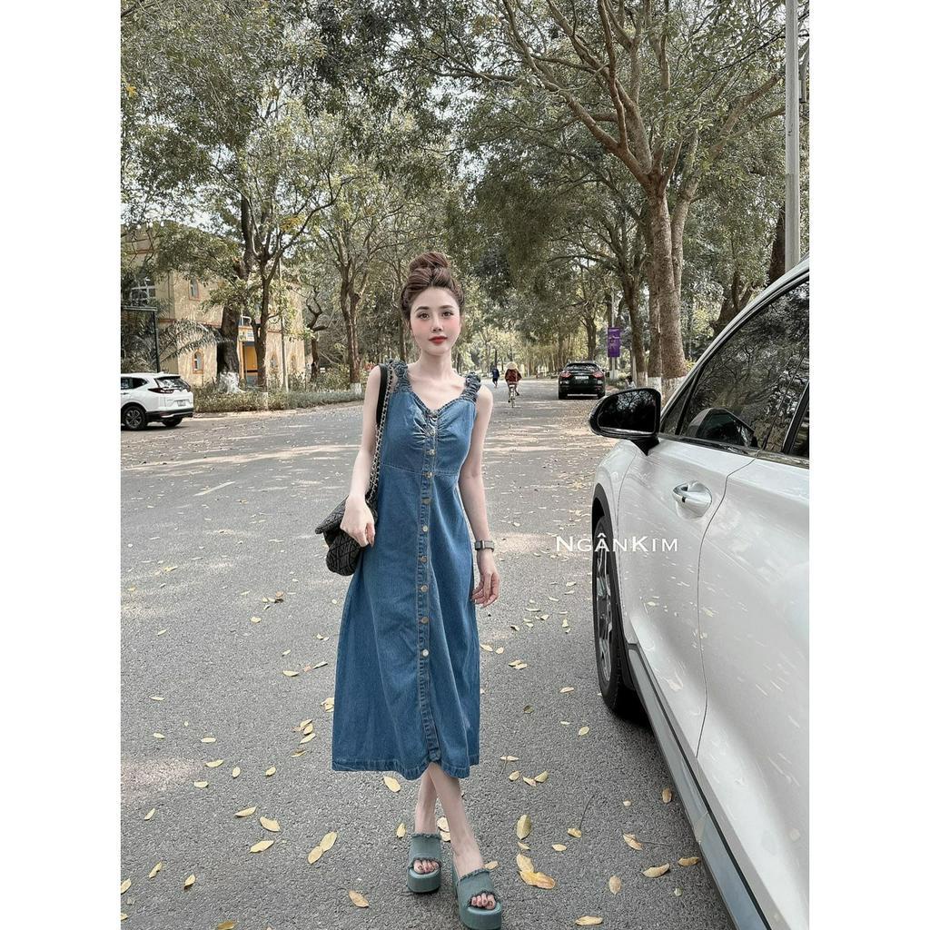 Váy hai dây denim dây chun tiểu thư, váy jean nữ dáng dài mát mẻ ảnh thật