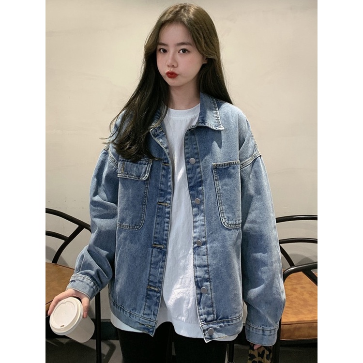 Áo khoác bò nữ Áo khoác denim jean dáng rộng trẻ trung đường phố dài retro