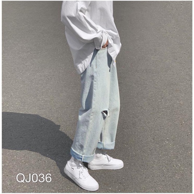 QJ036 - QUẦN JEAN BAGGY NAM BASIC XANH BẠC RÁCH GỐI (+)