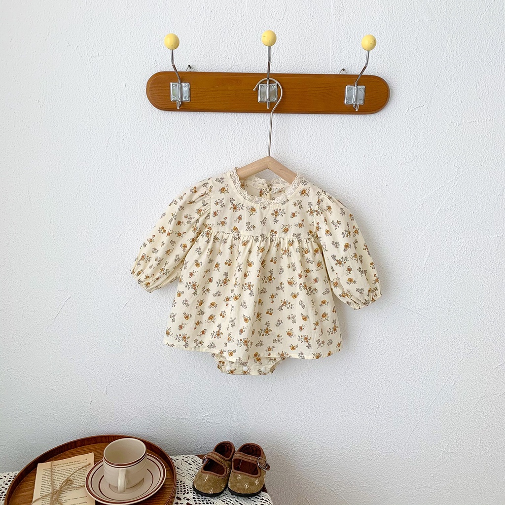Áo Liền Quần Cotton Tay Dài In Họa Tiết Hoa Phong Cách Hàn Quốc Dành Cho Bé Gái