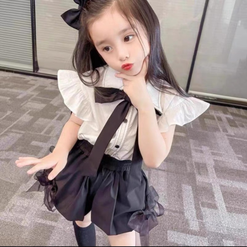 Bộ quần áo tiểu thư cho bé gái, bộ áo thô trắng cánh tiên quần bồng nơ cho bé