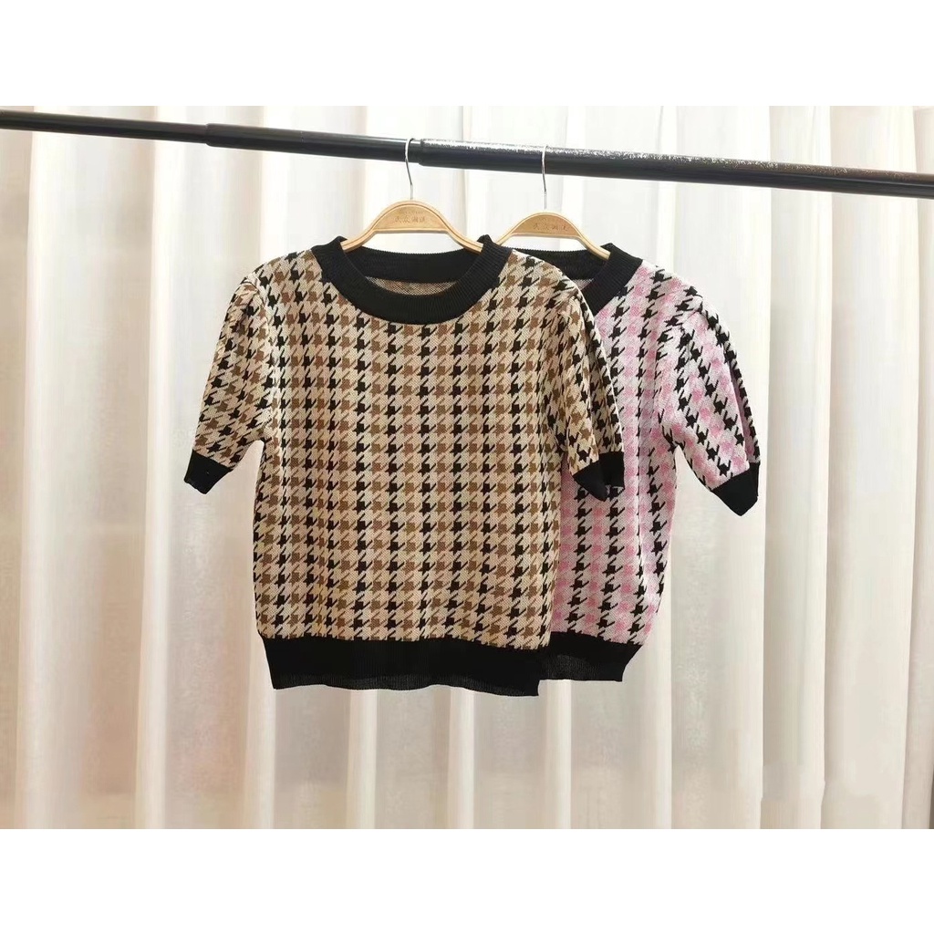 Áo Thun Dệt Kim Ngắn Tay Cổ Tròn Dáng Ôm Họa Tiết Caro Retro Cho Nữ